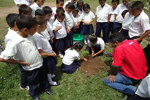 Enseñanza de Reforestacion Arboles a los niños de la Escuela de la Aldea Chasnigua, Villanueva